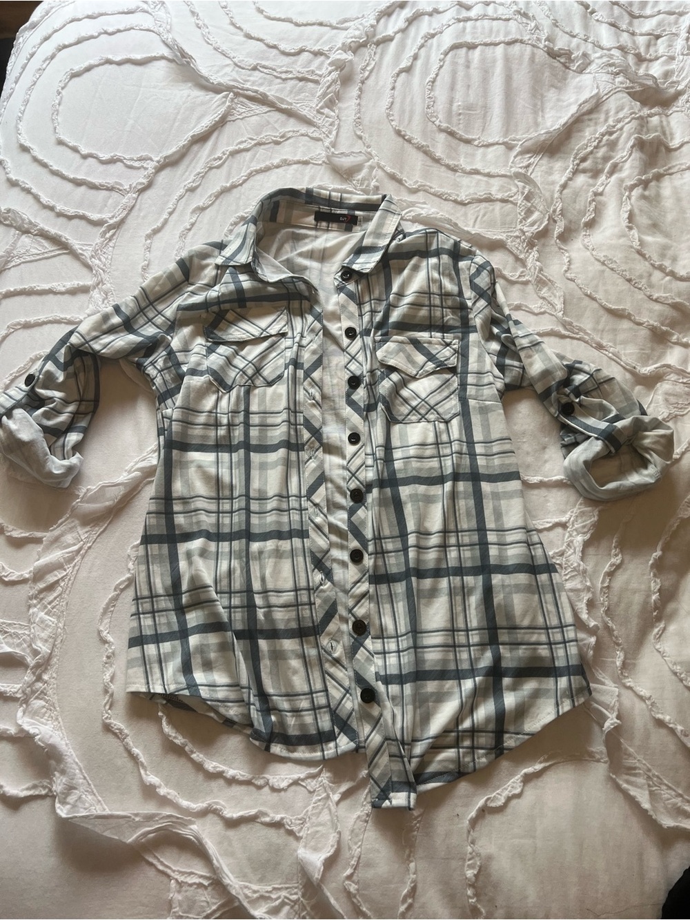 Light Gray and Ivory Plaid Button-Up Shirt